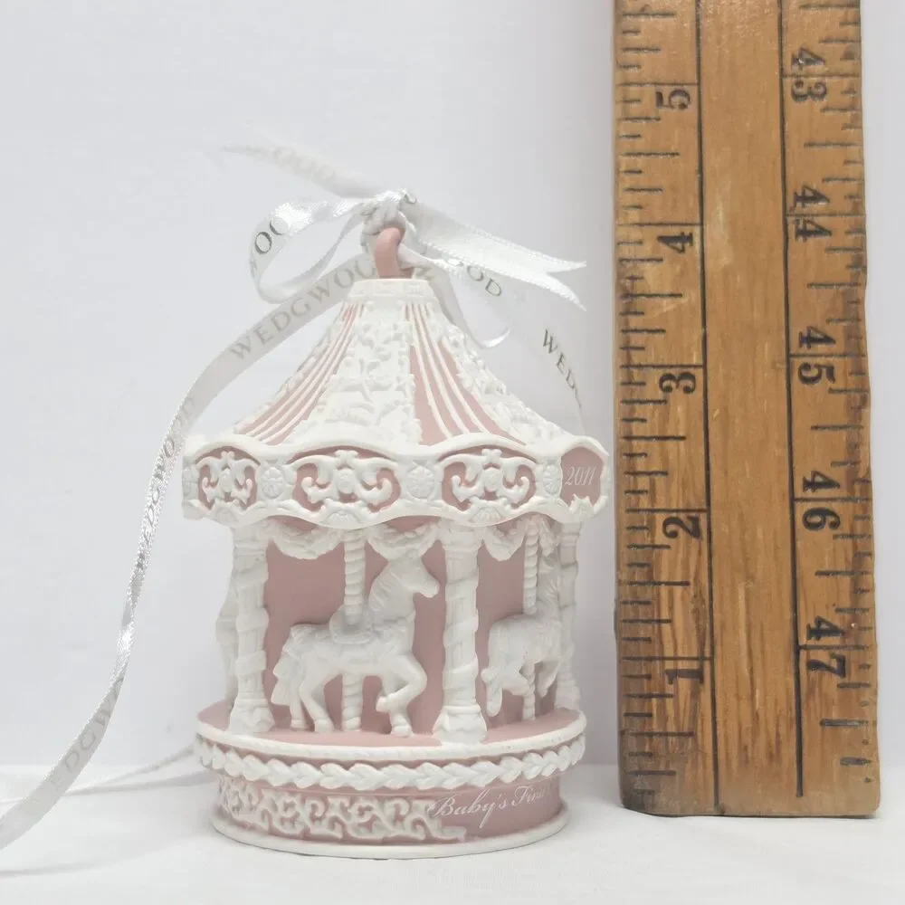 Wedgwood Baby's First Christmas Carousel 2011 Pink Ornament In Box